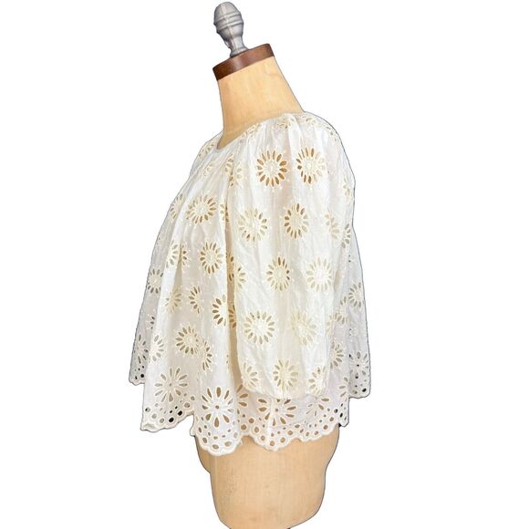 MADEWELL Embroidered Shirred Puff-Sleeve Top M Floral Eyelet Ivory Swing NWD B38 - Picture 5 of 8